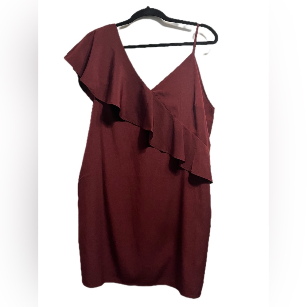 Lulus maroon wine ruffle trim one shoulder dress